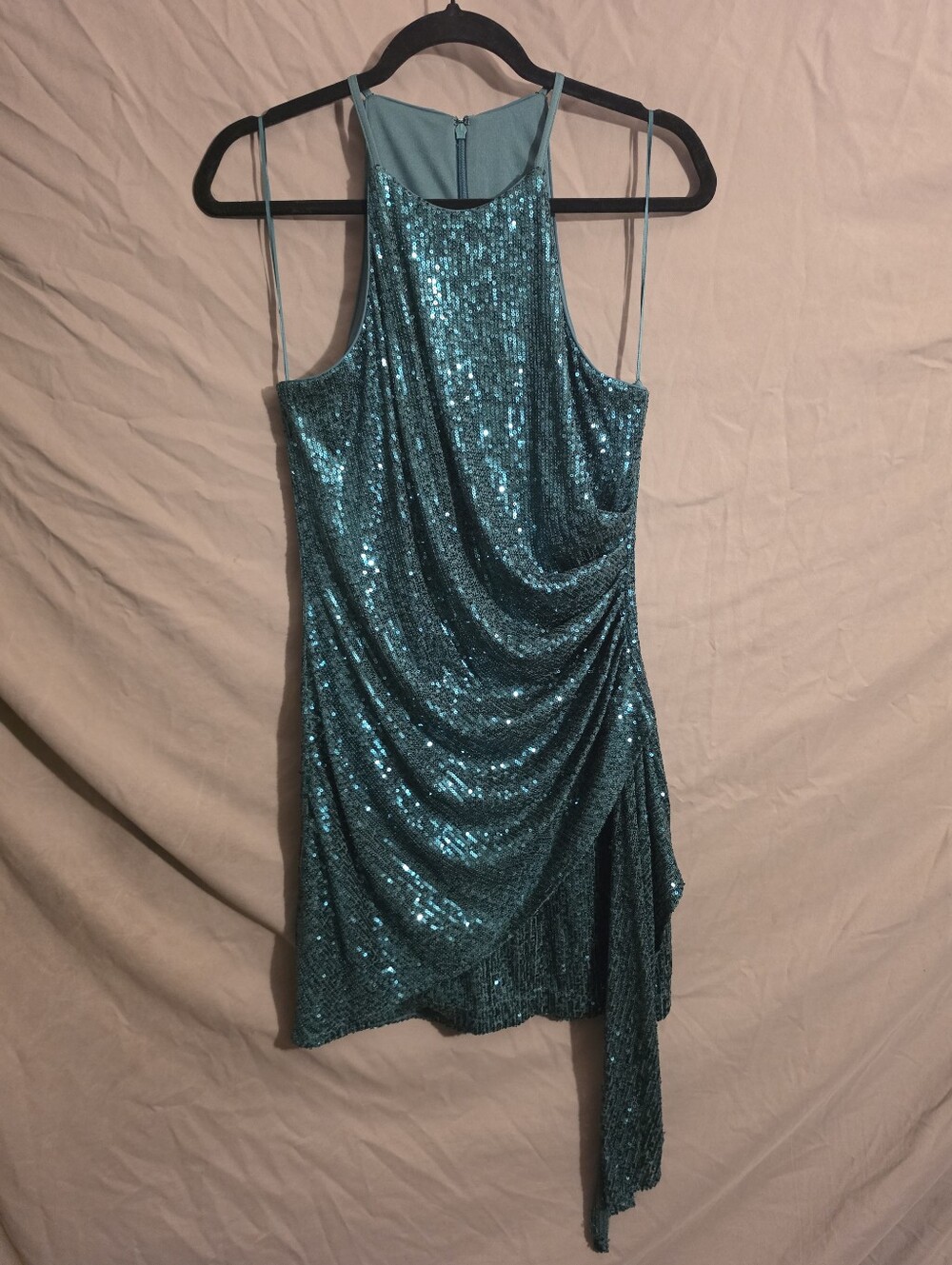 NWT Badgley Mischka Daphne Green Sequin Halter Mini Dress Lined Draped Zip 8